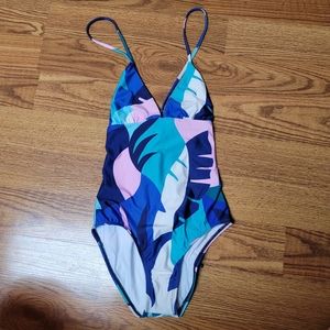 Splendid Standard Lace Up Loving Navy Tropical One Piece Swim Suit